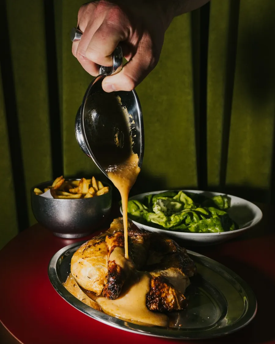Roast chicken finished with roasting juices